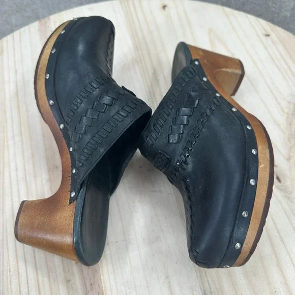 UGG Australia Black Leather Woven Whipstitch Wood Heel Studded Clogs Mules 8 - Picture 10 of 14